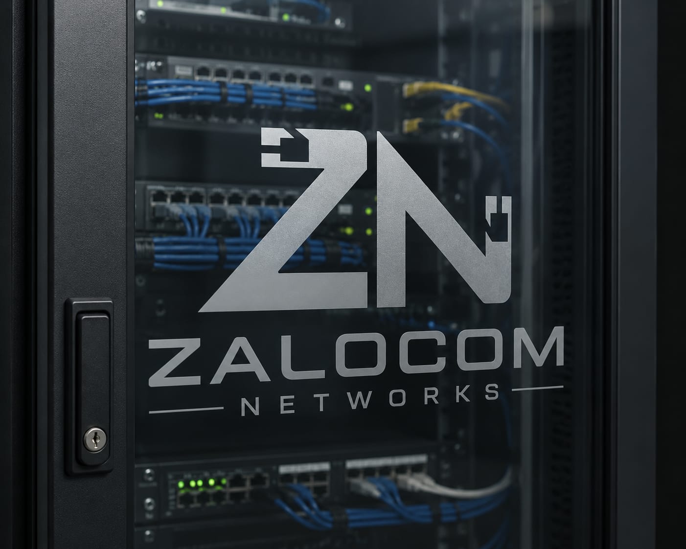 Zalocom Networks logo on the glass door of a network cabinet with patched switches and blue cabling